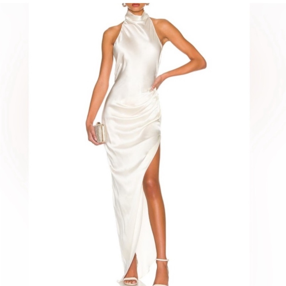 Amanda Uprichard Satin Halter Maxi Dress in Ivory